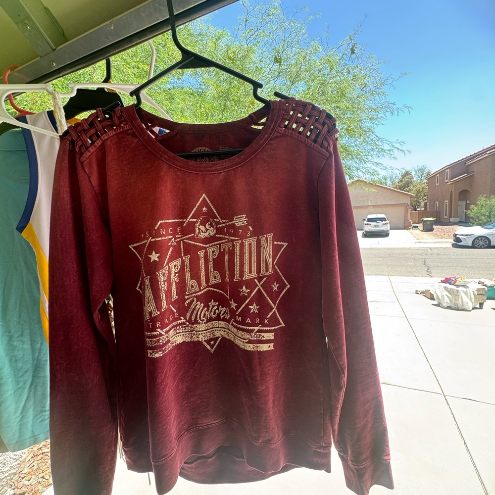 Affliction Red Crew Neck Sweater with Graphic Design